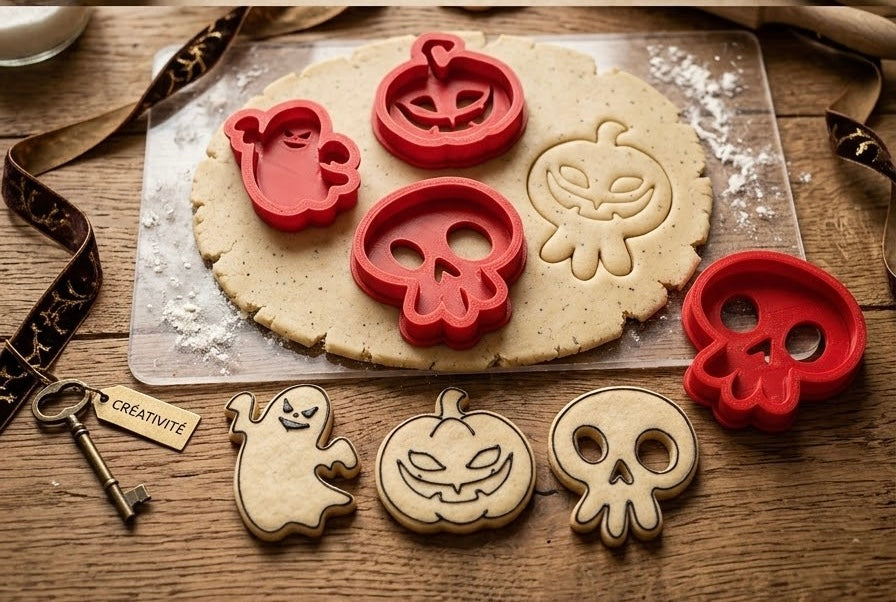 Set emporte-pièces Halloween imprimés en 3D : fantôme, citrouille et crâne
